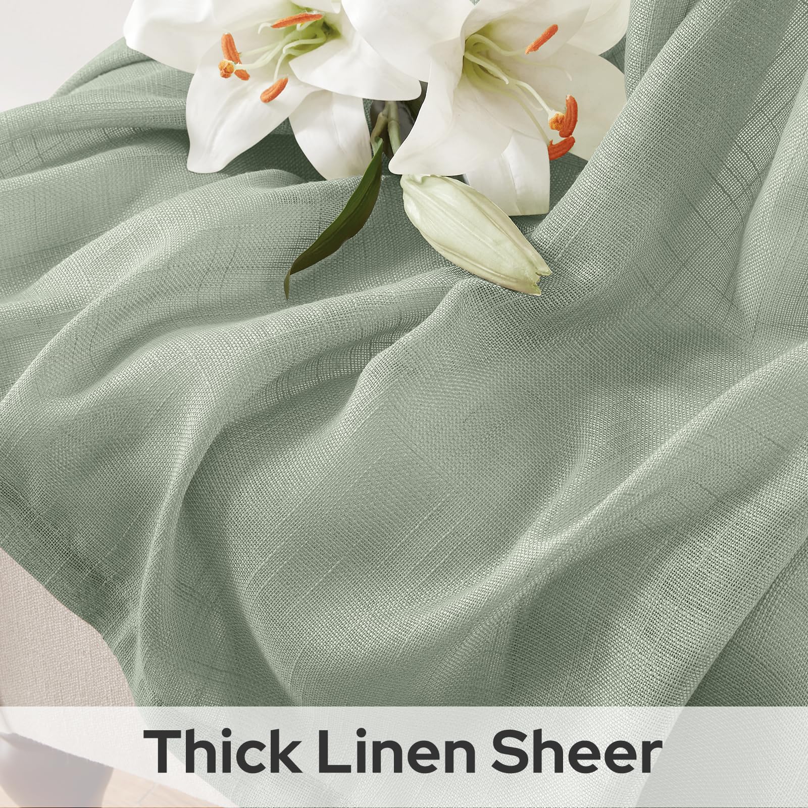 Homeideas Sage Green Linen Sheer Curtains 63 Inches Long 2 Panels Textured Semi Sheer Curtains Farmhouse Curtains Sheer Privacy